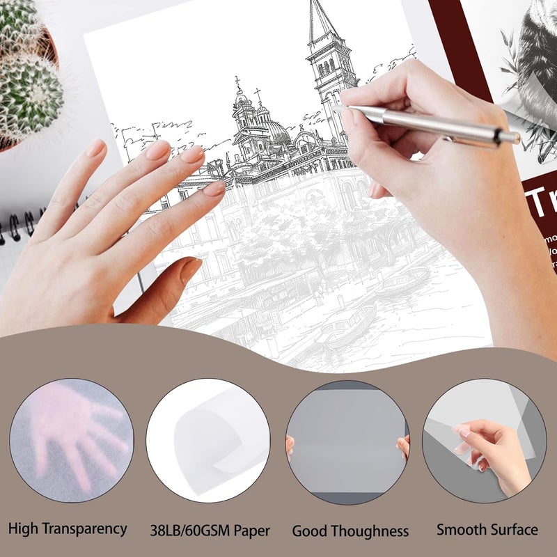 Watpot Tracing Paper 9x12 inch, 85 Sheets Translucent Tracing Paper Pad, 38lb/60gsm Vellum Art Paper Works with Pencil, Marker and Ink - Image 5